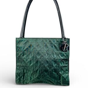 Christian Dior Vintage Shoulder Bag Womens Medium Green Nylon Leather Italy